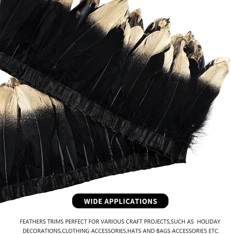 MAOFENG 2 Yards Natural Goose Feathers Trim Sewing Fringe Fashion Dress Sewing 6-8inch for DIY Handicrafts Costumes Decoration,Black Golden - Image 4